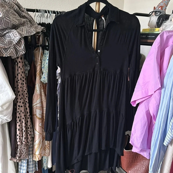Black Free People Dress Women's Medium Black Tiered Mini Rayon Linen Long Sleeve - Picture 3 of 7